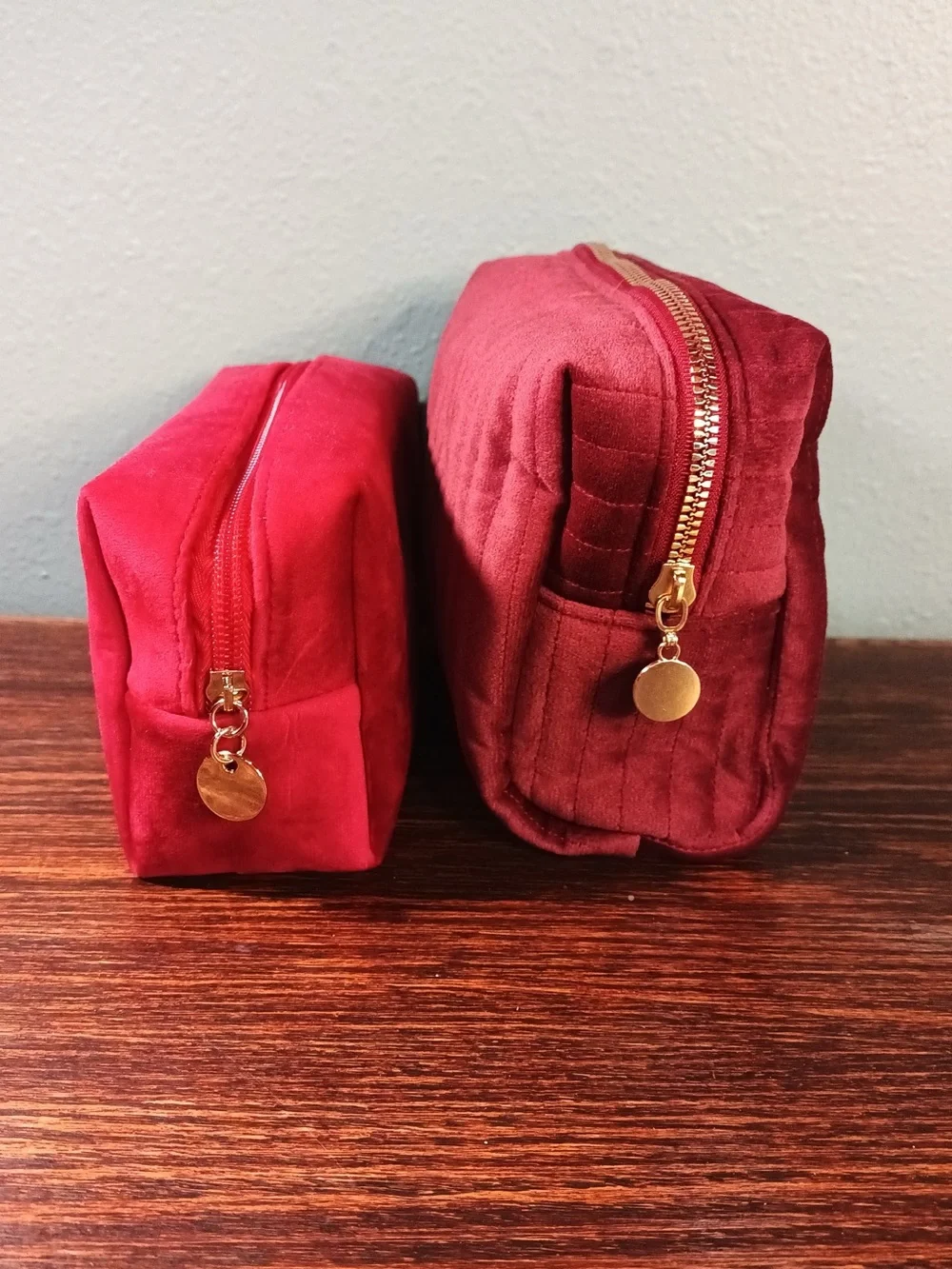 Set of 2 Red and Burgundy Velvet Cosmetic Bags